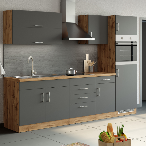 Kitchenette Sorrella 270cm avec four et réfrigérateur - anthracite/chêne