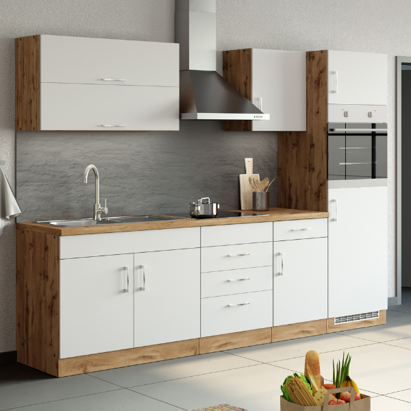 Kitchenette Sorrella 270cm avec four et réfrigérateur - blanc/chêne