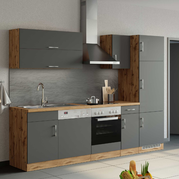 Kitchenette Sorrella 270cm avec four, lave-vaisselle et réfrigérateur - anthracite/chêne - Image 1