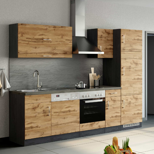 Kitchenette Sorrella 270cm avec four, lave-vaisselle et réfrigérateur - chêne/graphite