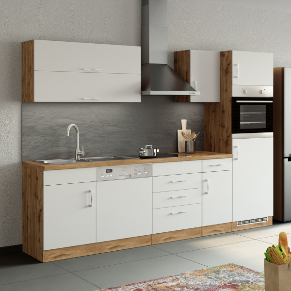 Kitchenette Sorrella 270cm avec lave-vaisselle, four et réfrigérateur - blanc/chêne - Image 1