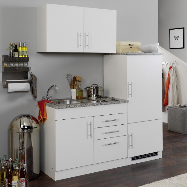 Kitchenette Toto 160cm avec plaque de cuisson et réfrigérateur - blanc/marbre - Image 1