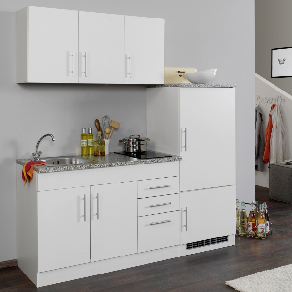 Kitchenette Toto 180cm avec plaque de cuisson et réfrigérateur - blanc/marbre - Image 1
