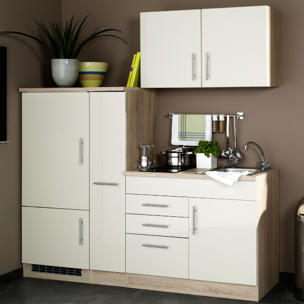 Kitchenette Toto 190cm avec plaque de cuisson et réfrigérateur - crème brillant
