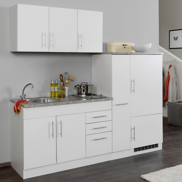 Kitchenette Toto 210cm avec plaque de cuisson et réfrigérateur - blanc/marbre - Image 1