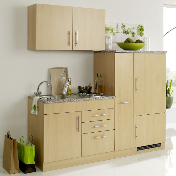 Kitchenette Toto 210cm avec plaque de cuisson et réfrigérateur - hêtre/marbre - Image 1