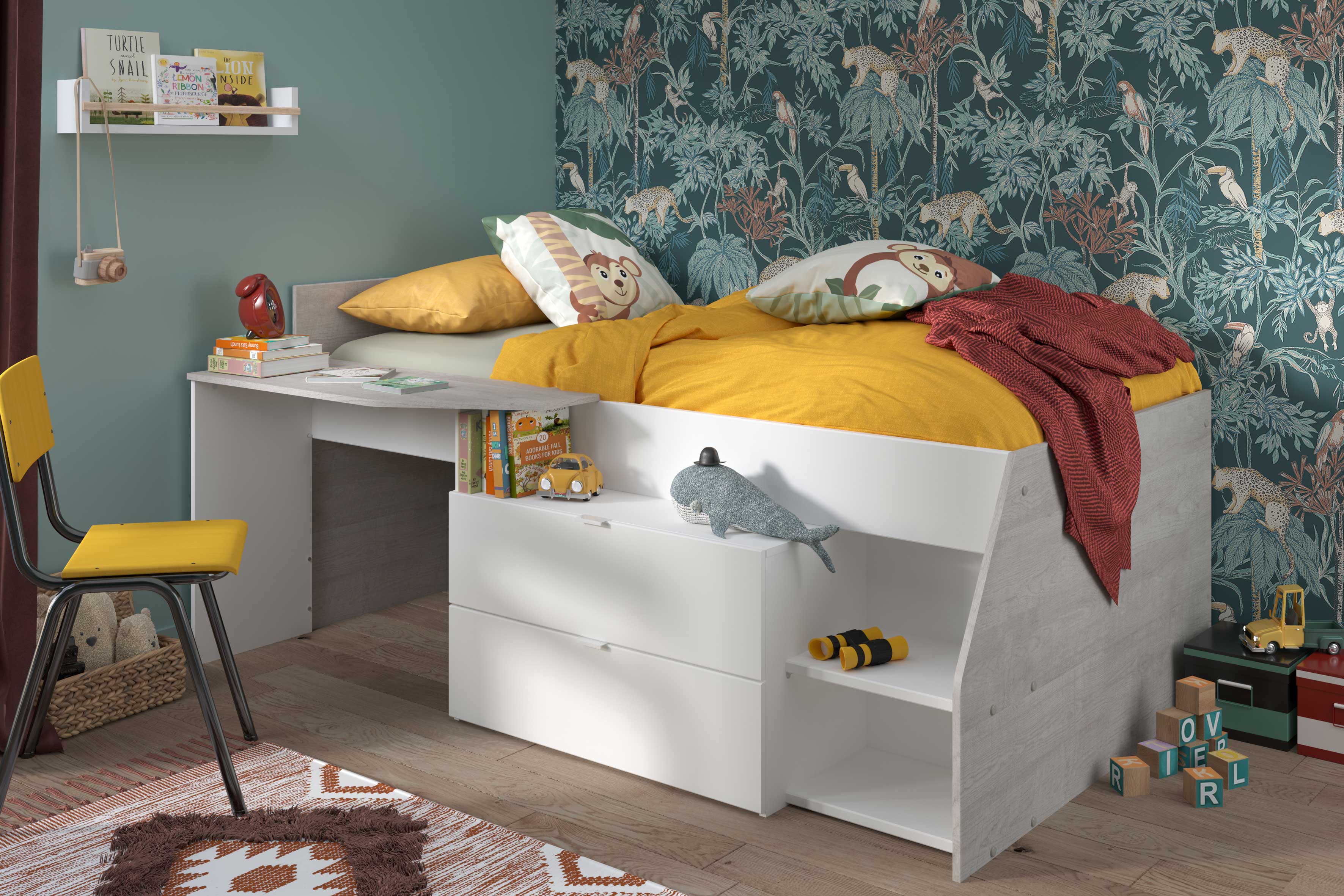 Lit banquette Milky avec bureau et tiroirs - blanc/chêne - Image 12