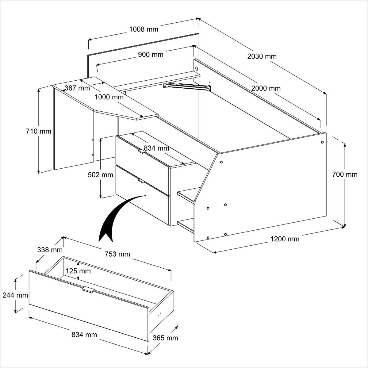 Lit banquette Milky avec bureau et tiroirs - blanc/chêne - Image 3