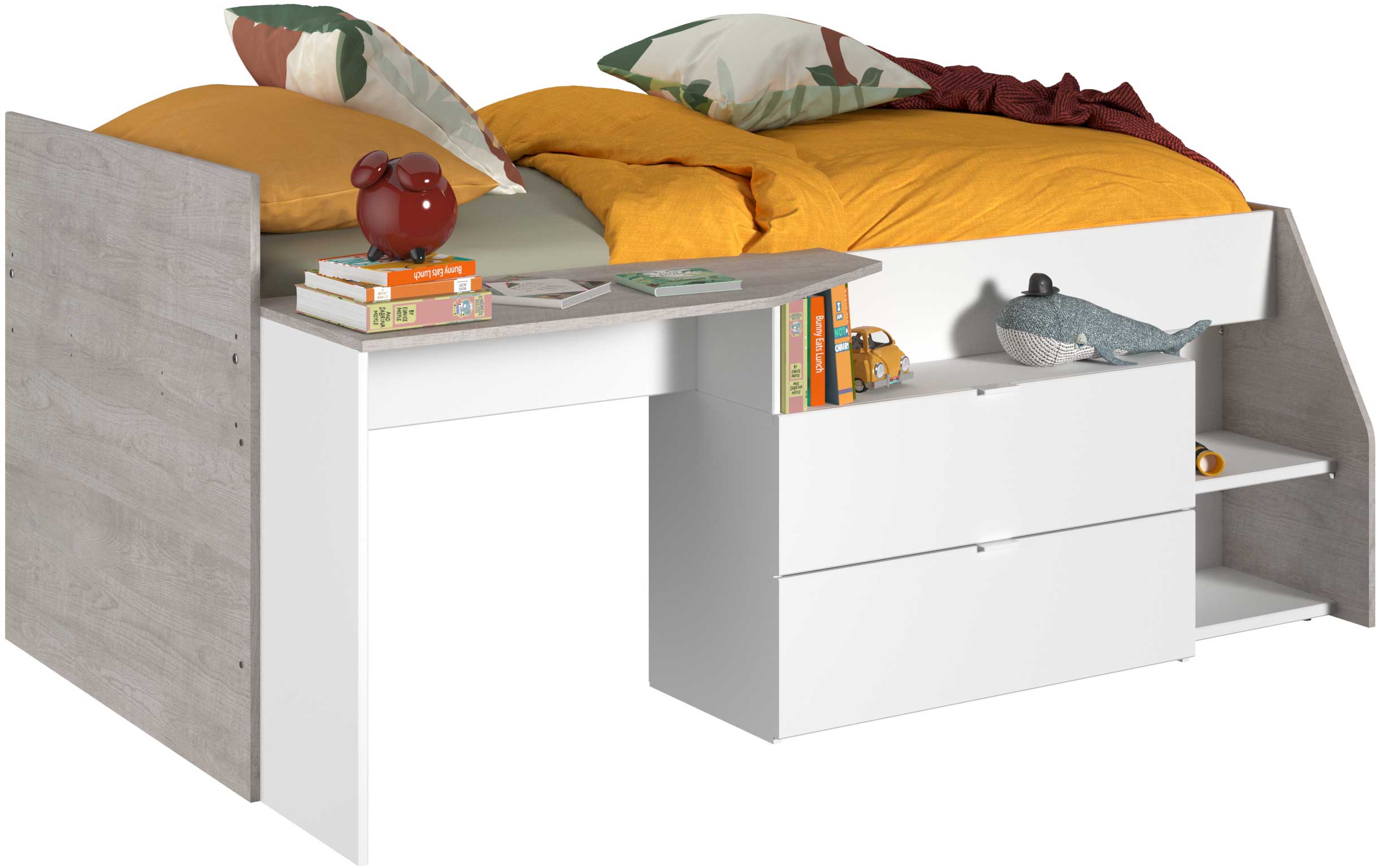 Lit banquette Milky avec bureau et tiroirs - blanc/chêne - Image 4