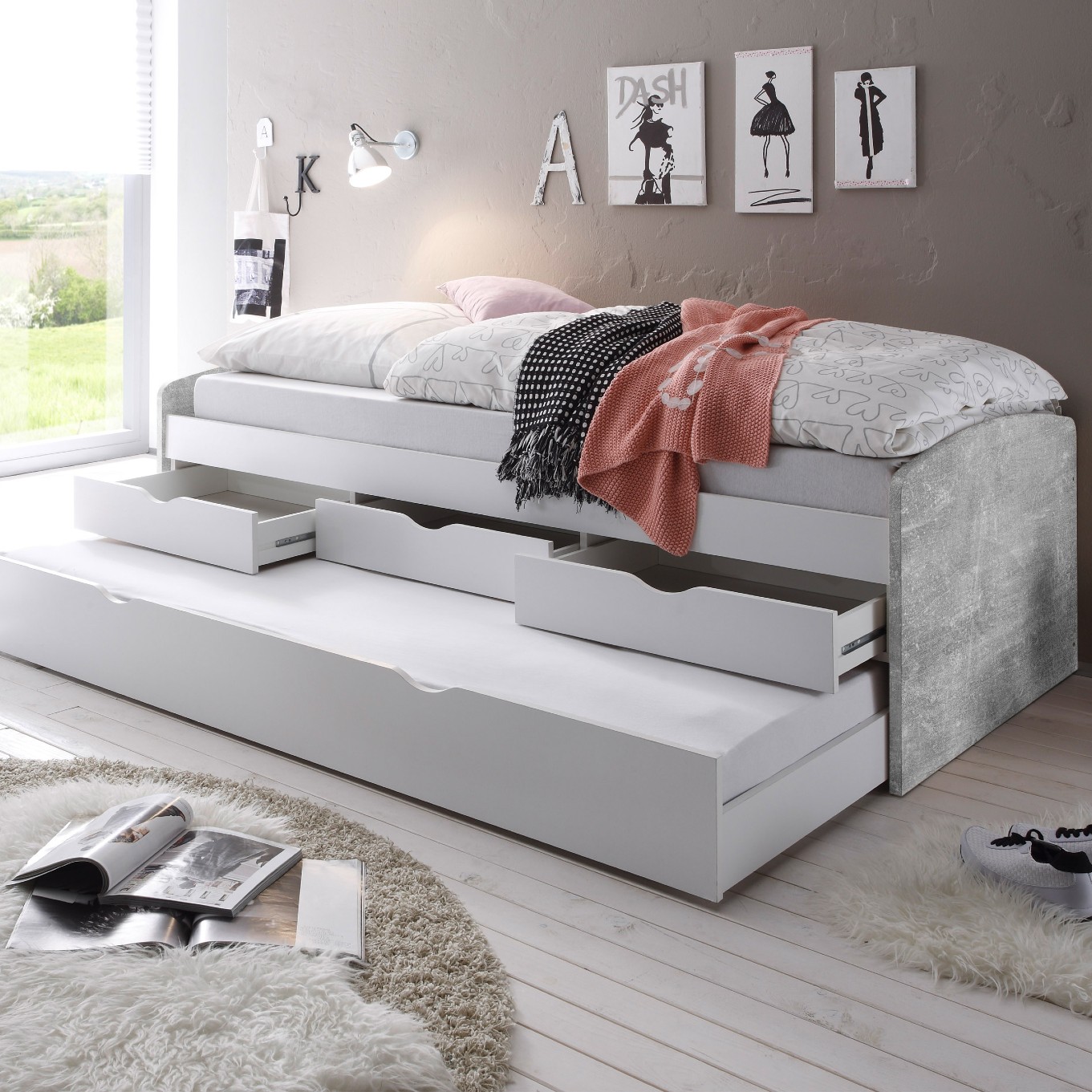 Lit banquette Nasri 90x200 avec tiroir de lit - béton/blanc - Image 1