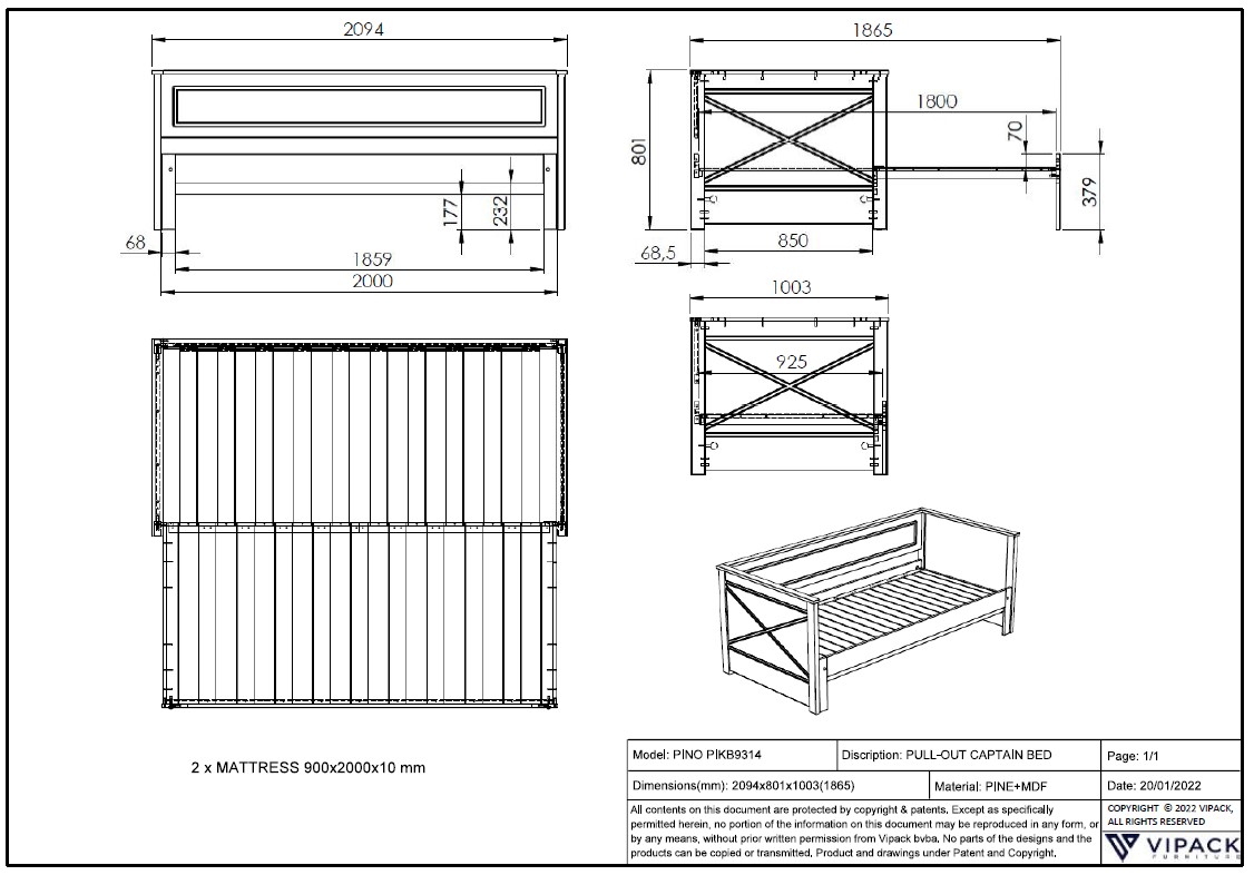 Lit banquette Pepin extensible avec tiroir de lit bois pin - blanc - Image 3