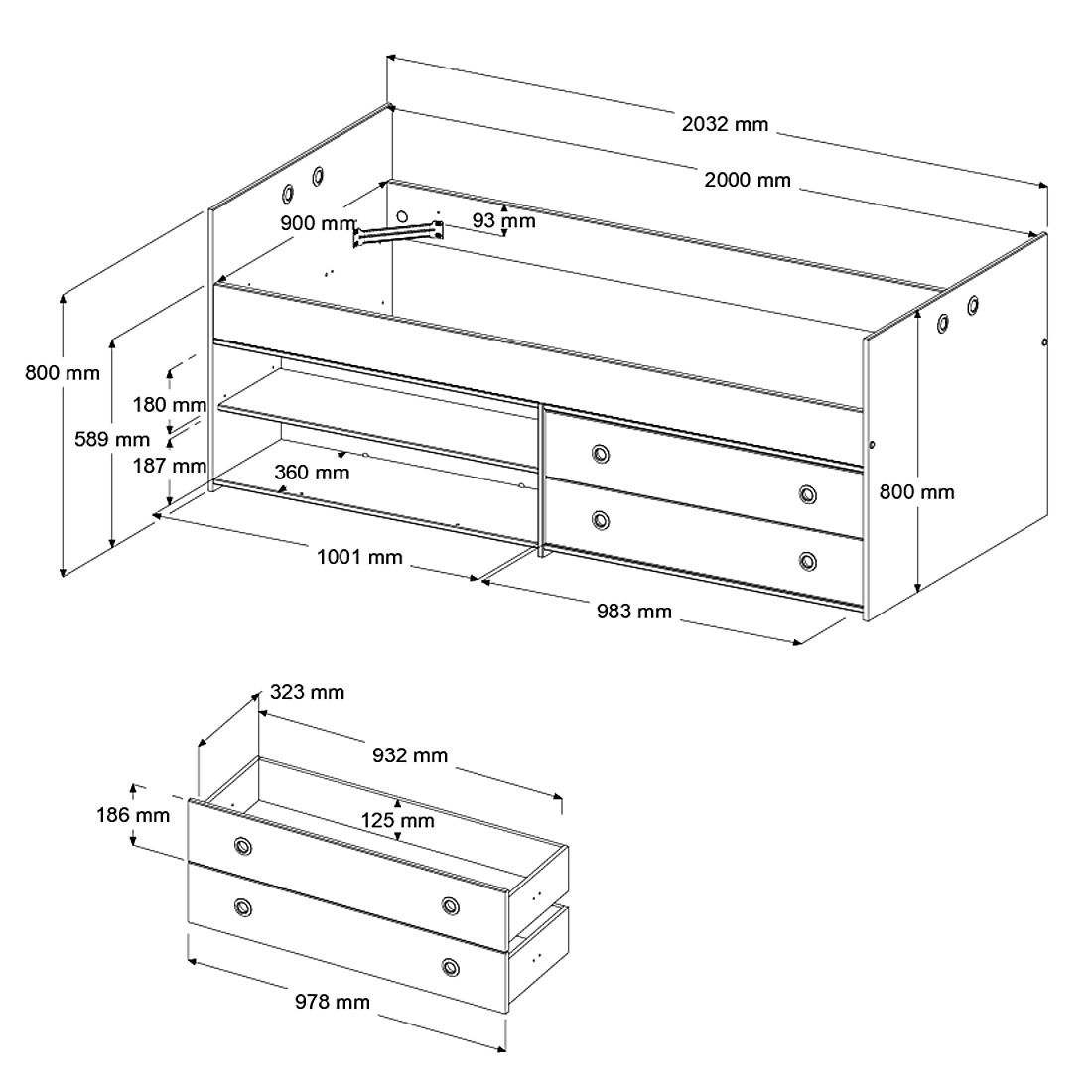 Lit banquette Smiley 90x200 avec rangements - blanc/rose ou blanc/bleu - Image 3