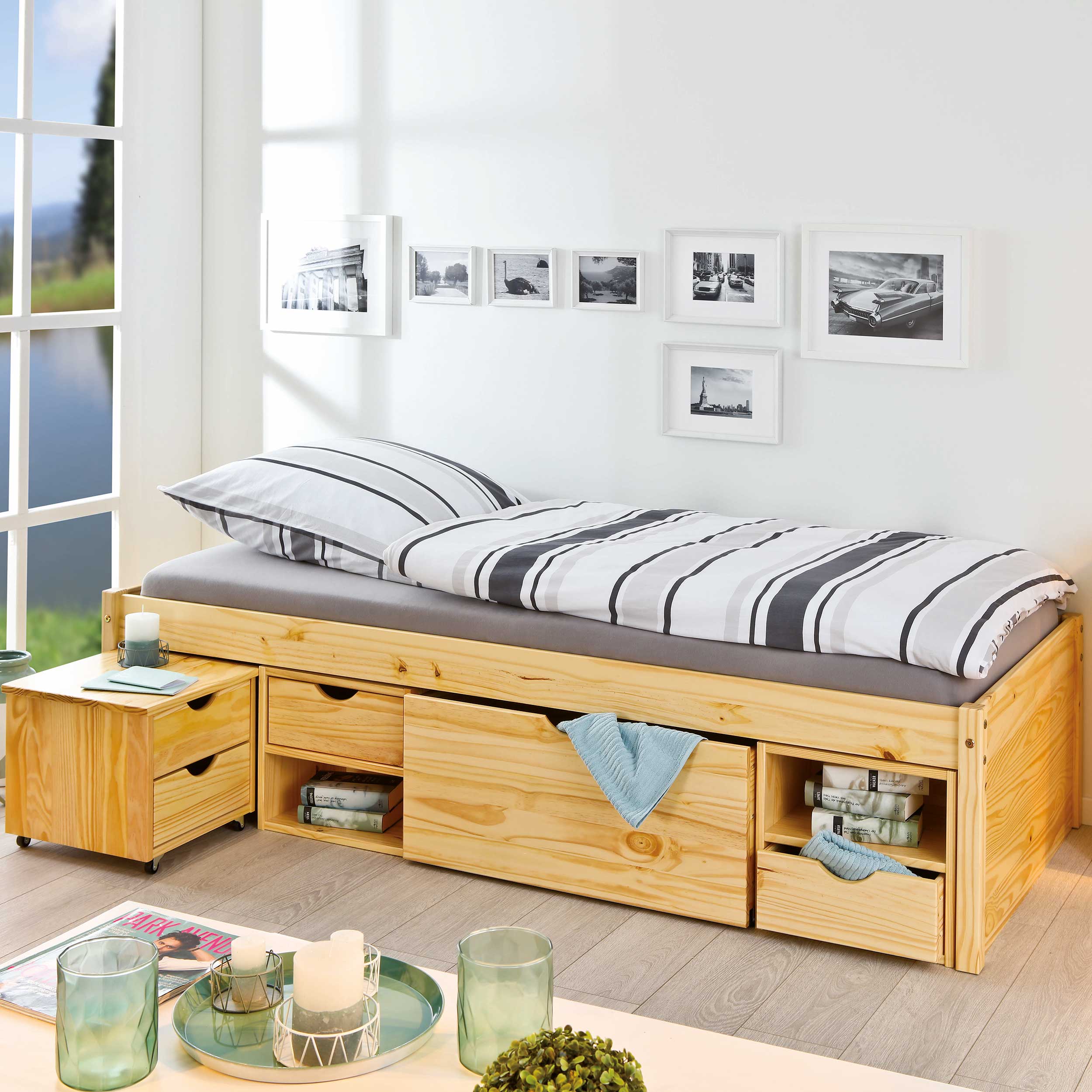 Lit banquette Xavier avec rangements - bois pin