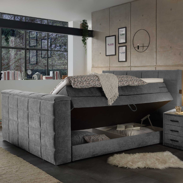 Lit boxspring Delvo 180x200cm avec espace de rangement et espace pour TV - gris foncé - Image 2
