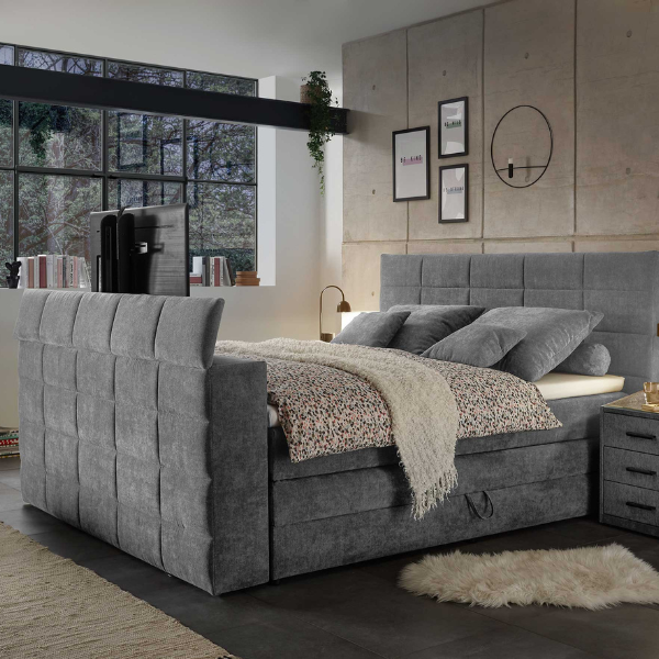 Lit boxspring Delvo 180x200cm avec espace de rangement et espace pour TV - gris foncé - Image 3