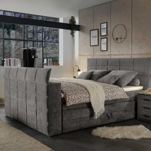 Lit boxspring Delvo 180x200cm avec espace de rangement et espace pour TV - taupe - Image 2