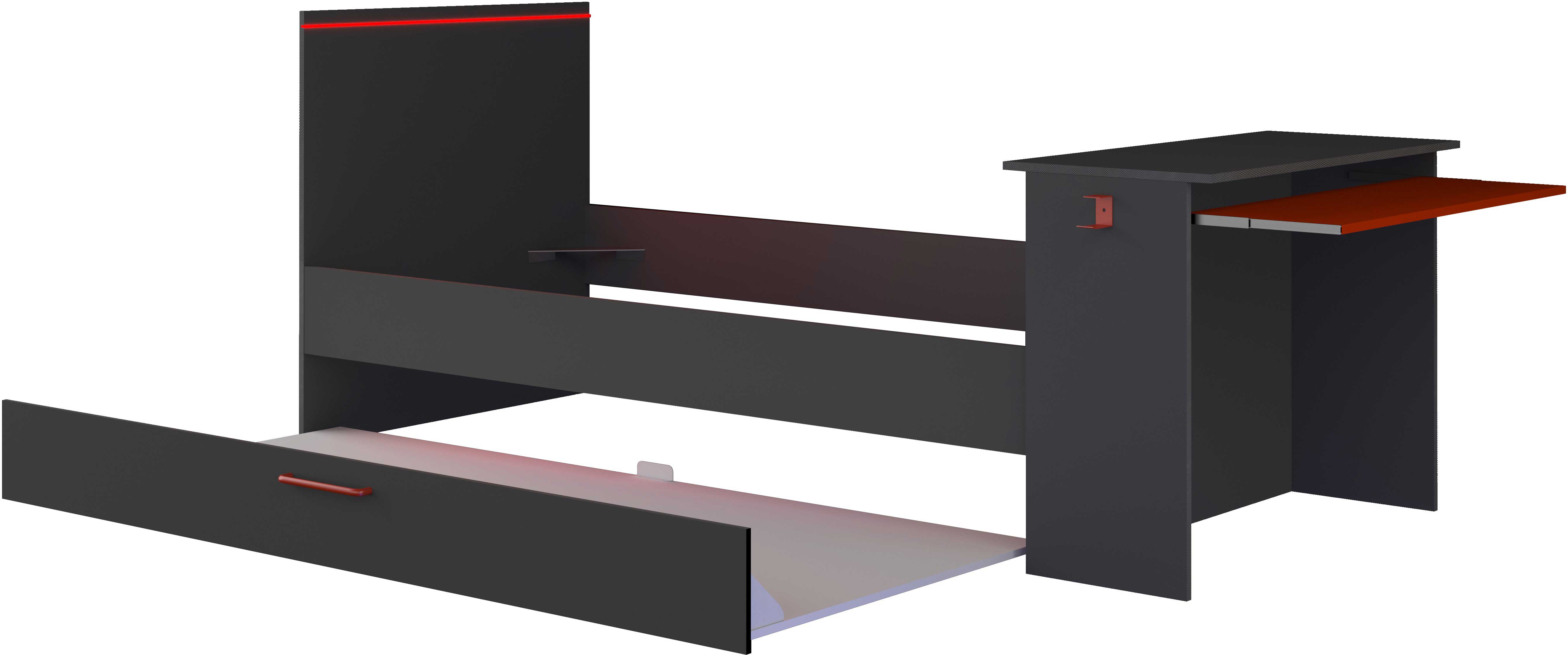 Lit Bzone 90x200 cm avec tiroir de lit, bureau et éclairage LED - anthracite - Image 3