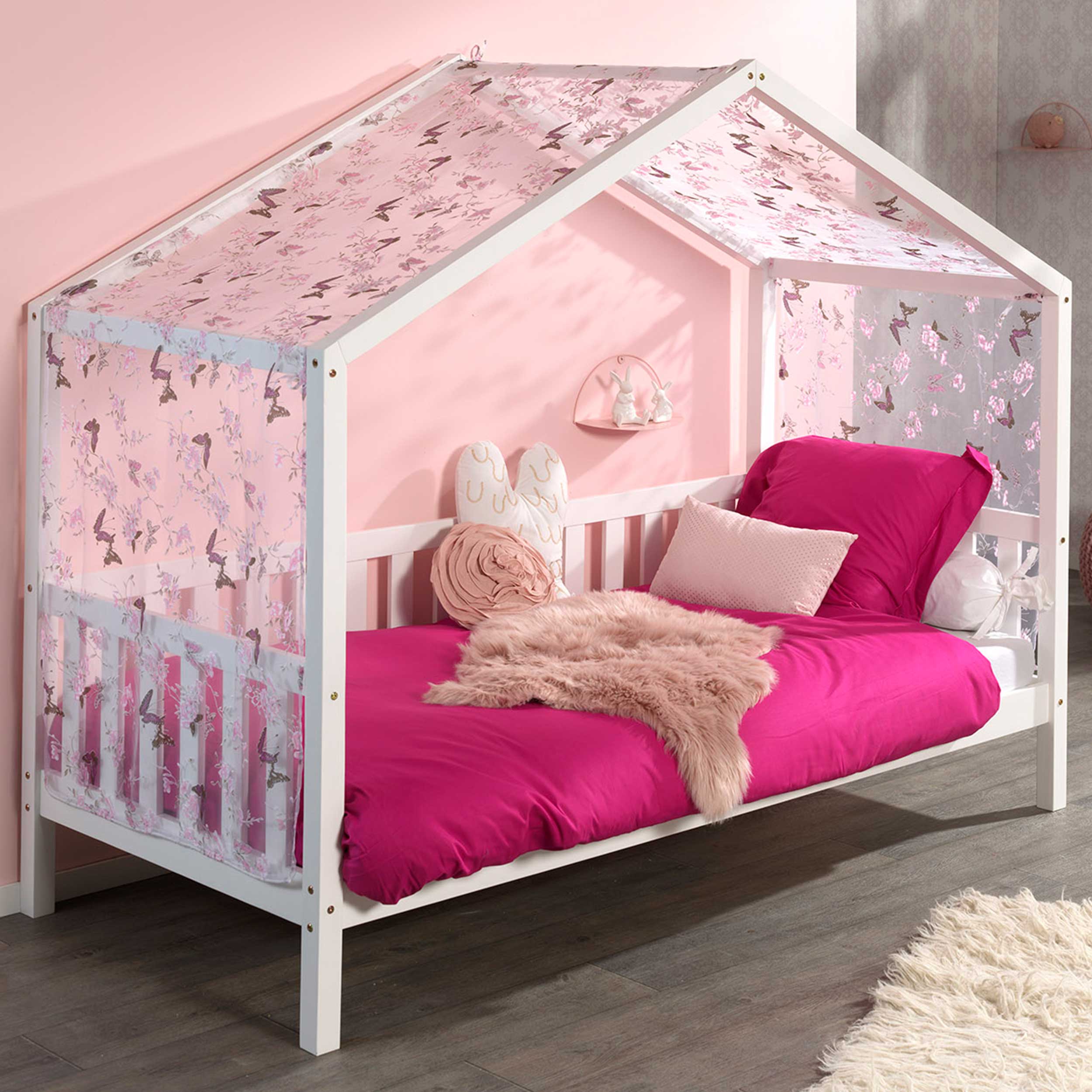 Lit cabane Dallas 2 90x200 avec voile à motif de papillons - blanc/rose