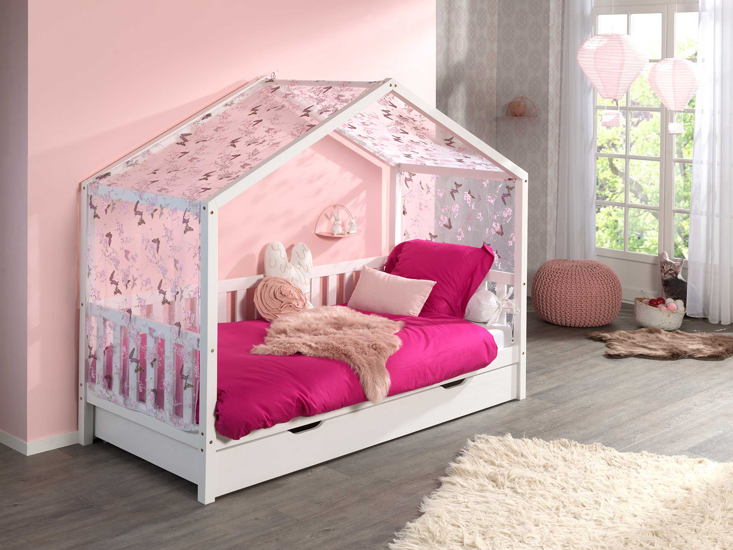 Lit cabane Dallas 2 90x200, tiroir de lit et voile avec dessin de papillons - blanc/rose - Image 6