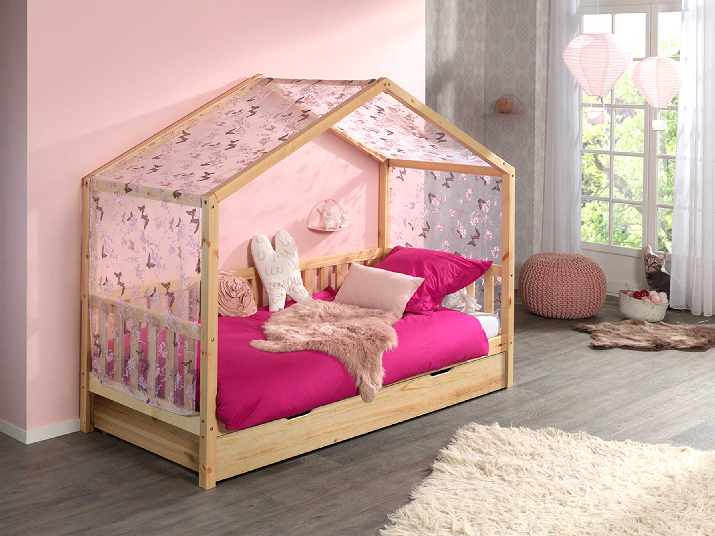 Lit cabane Dallas 2 90x200, tiroir de lit & voile avec dessin de papillons - bois pin/rose - Image 8