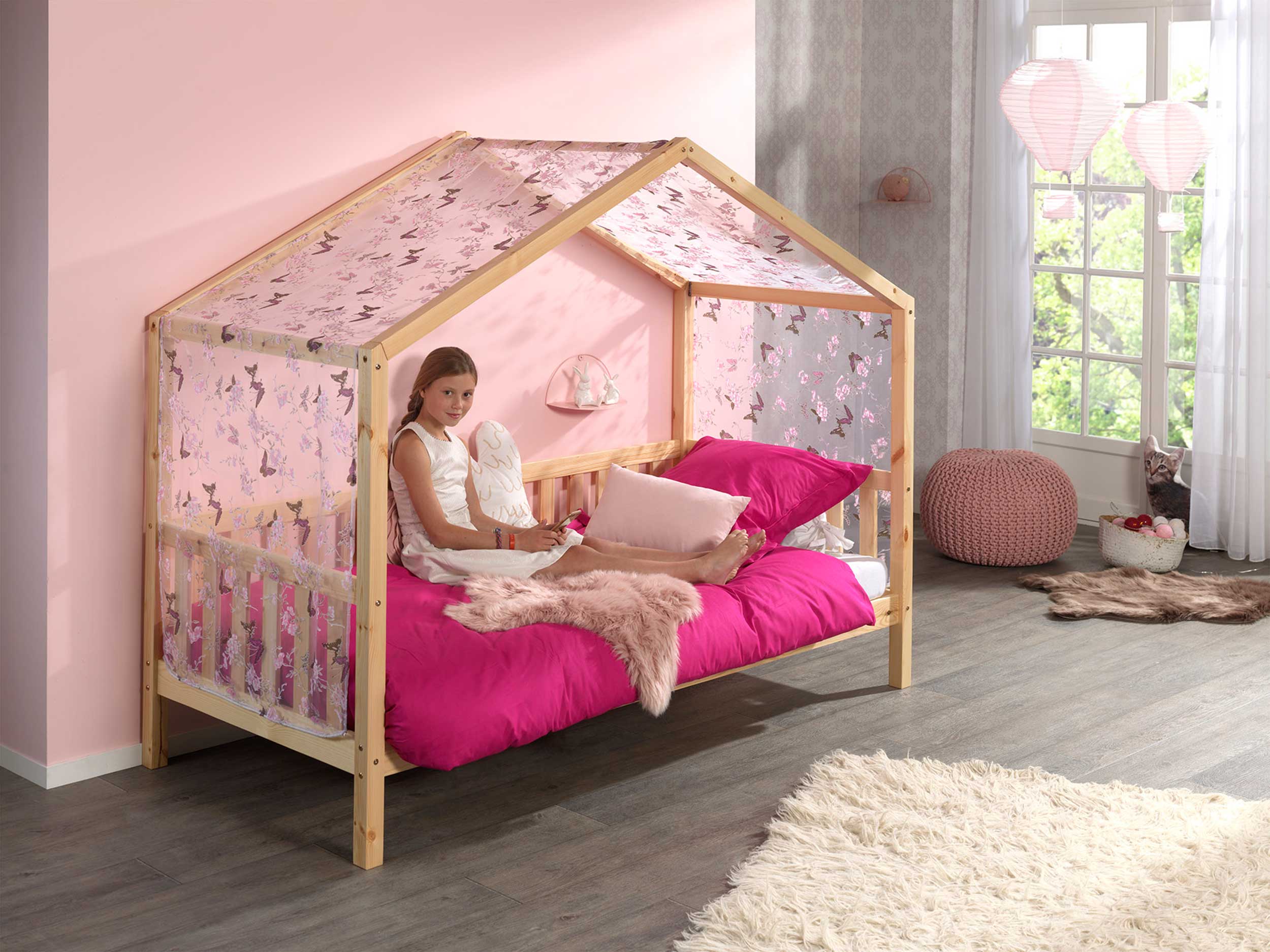 Lit cabane Dallas 2 90x200 & voile avec dessin de papillons - bois pin/rose - Image 5