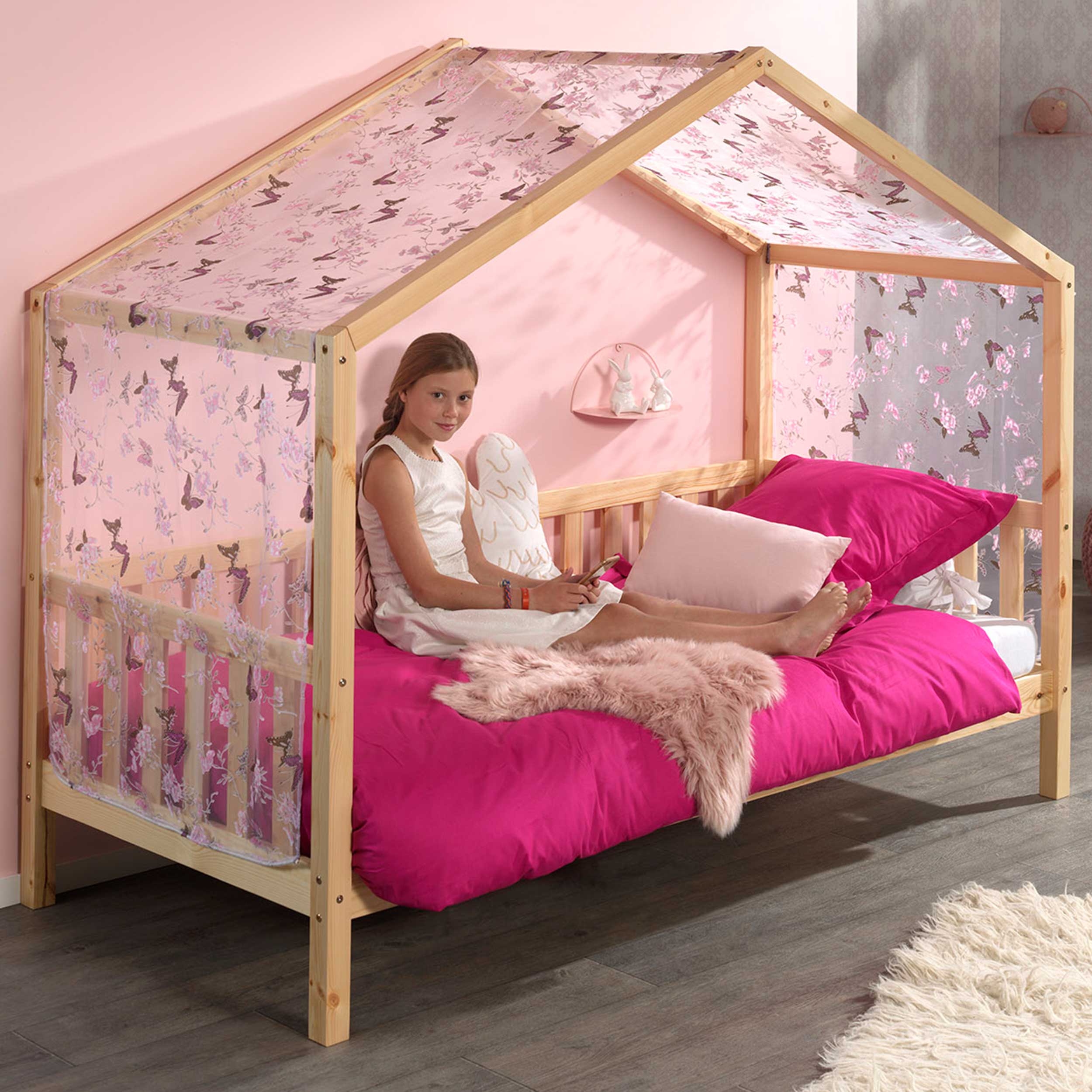 Lit cabane Dallas 2 90x200 & voile avec dessin de papillons - bois pin/rose