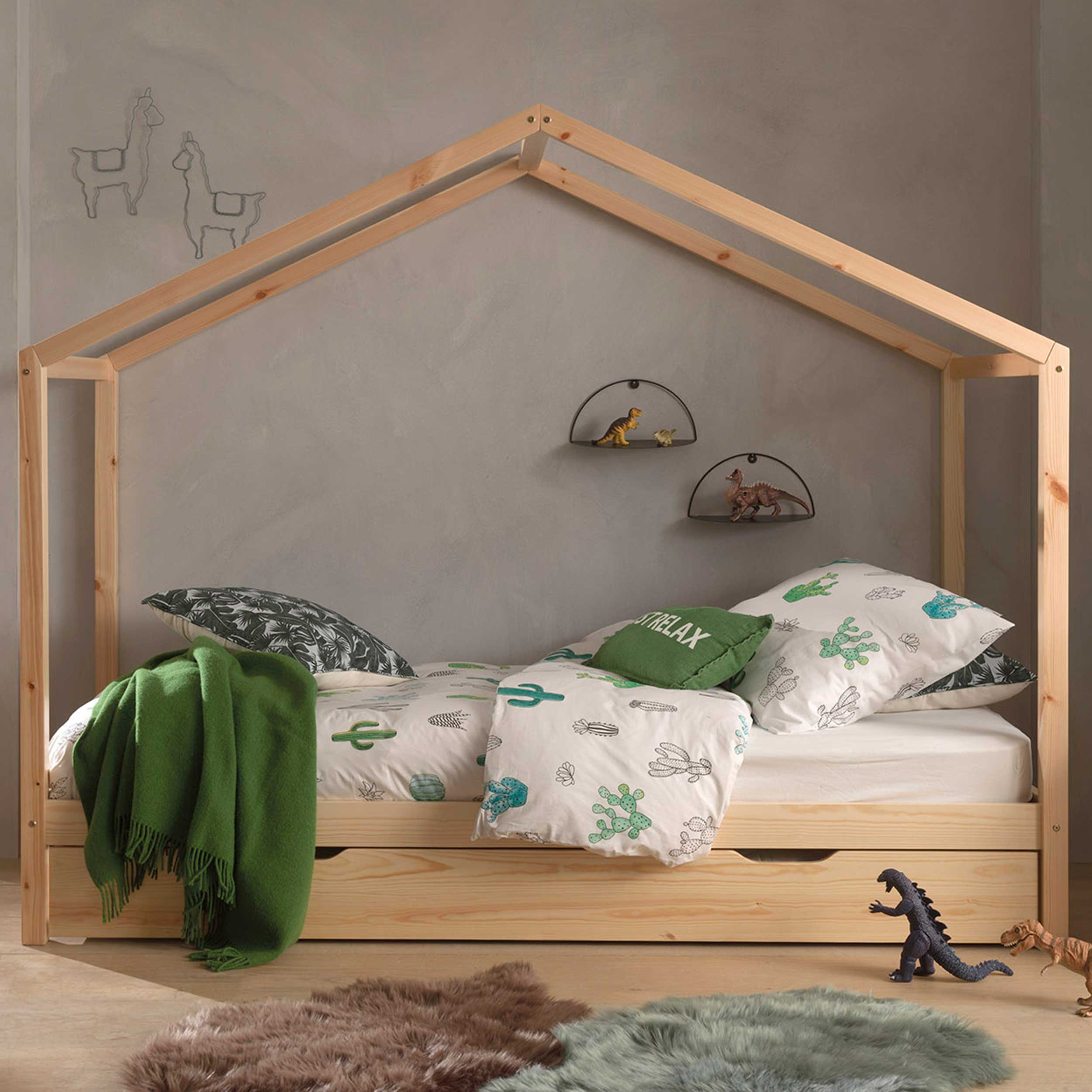 Lit cabane Dallas 3 90x200 avec tiroir de lit - bois pin
