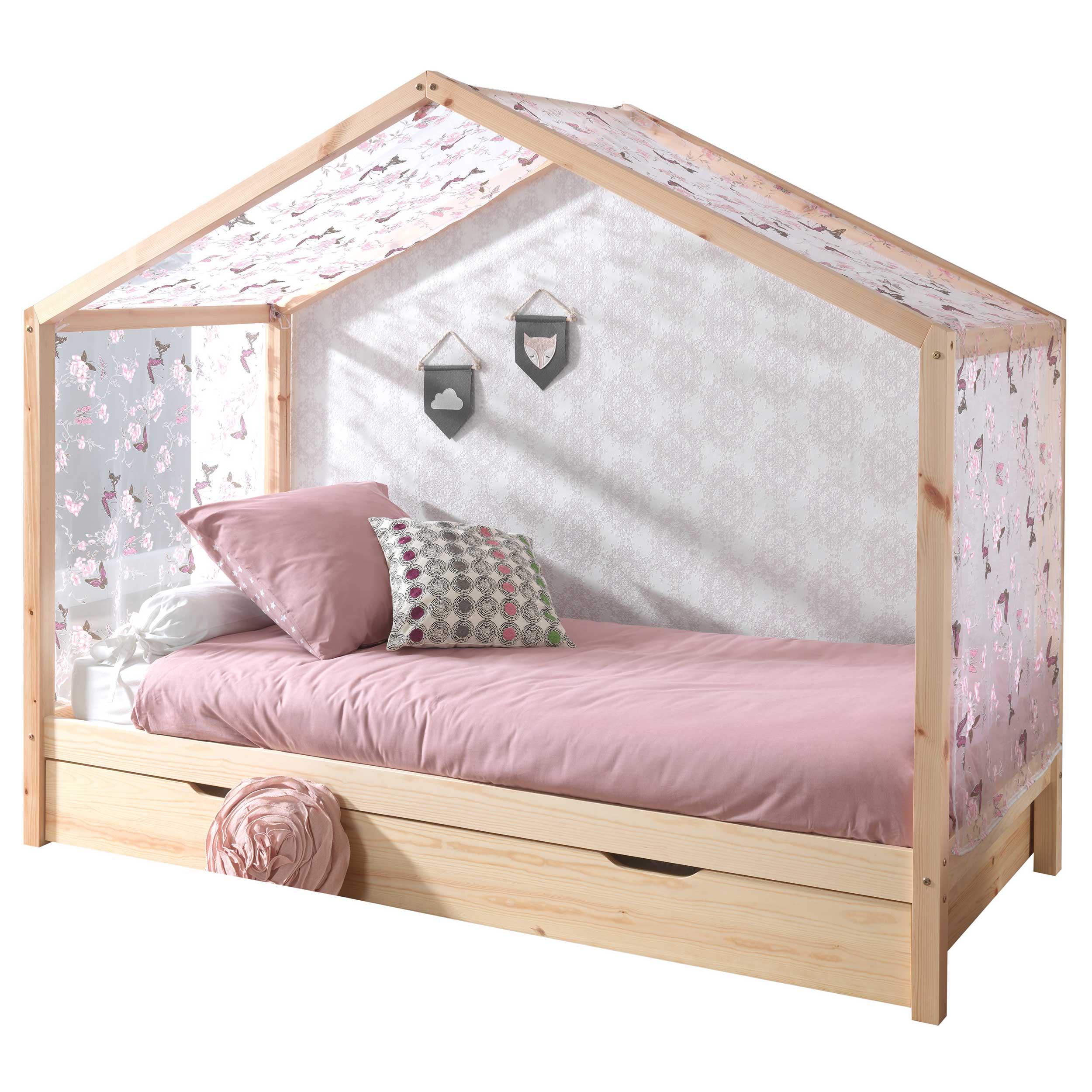 Lit cabane Dallas 3 90x200, tiroir de lit & voile avec dessin de papillons - bois pin/rose - Image 8