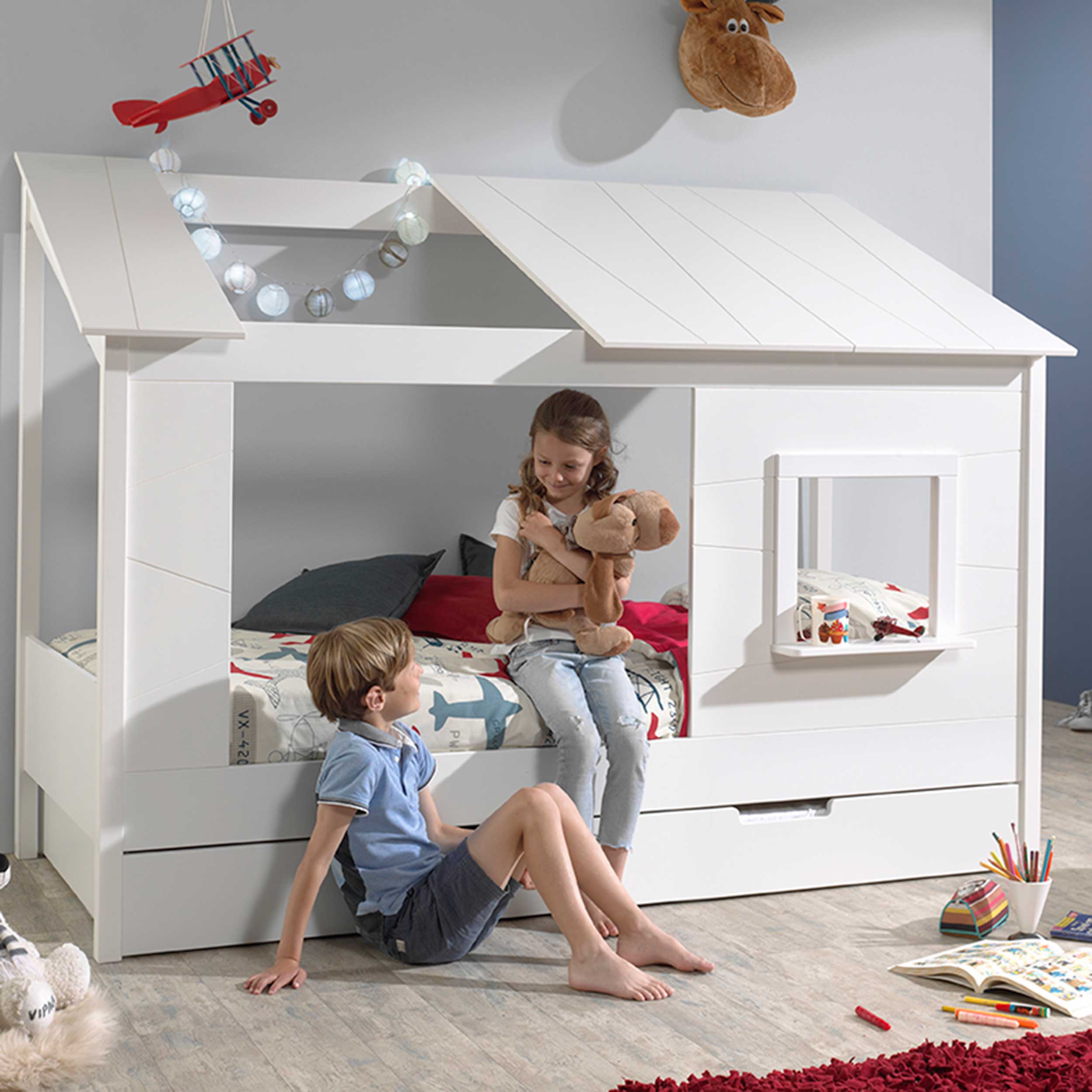 Lit cabane Lio 90x200 avec tiroir de lit - blanc