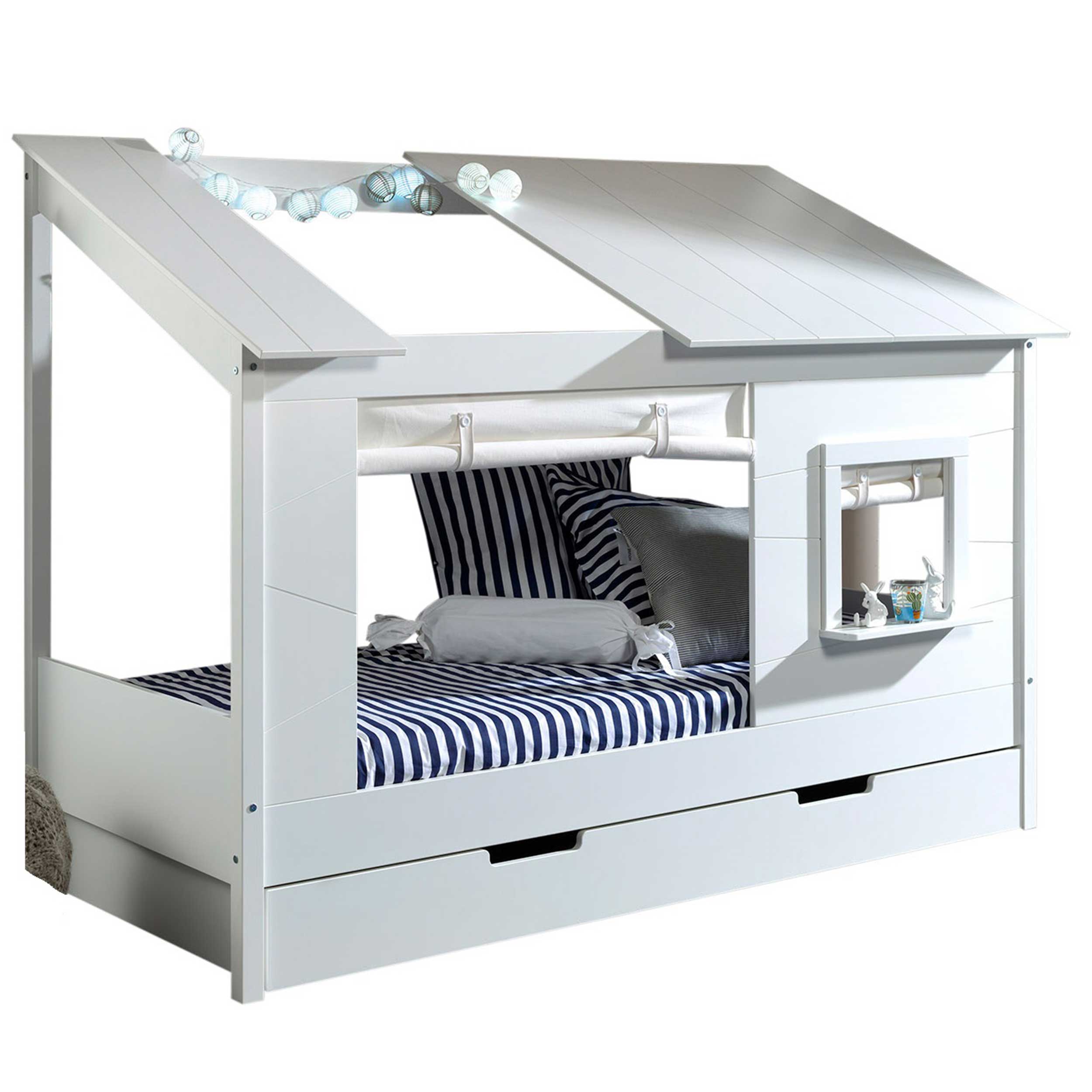 Lit cabane Lio 90x200 avec tiroir de lit et rideaux - blanc - Image 8