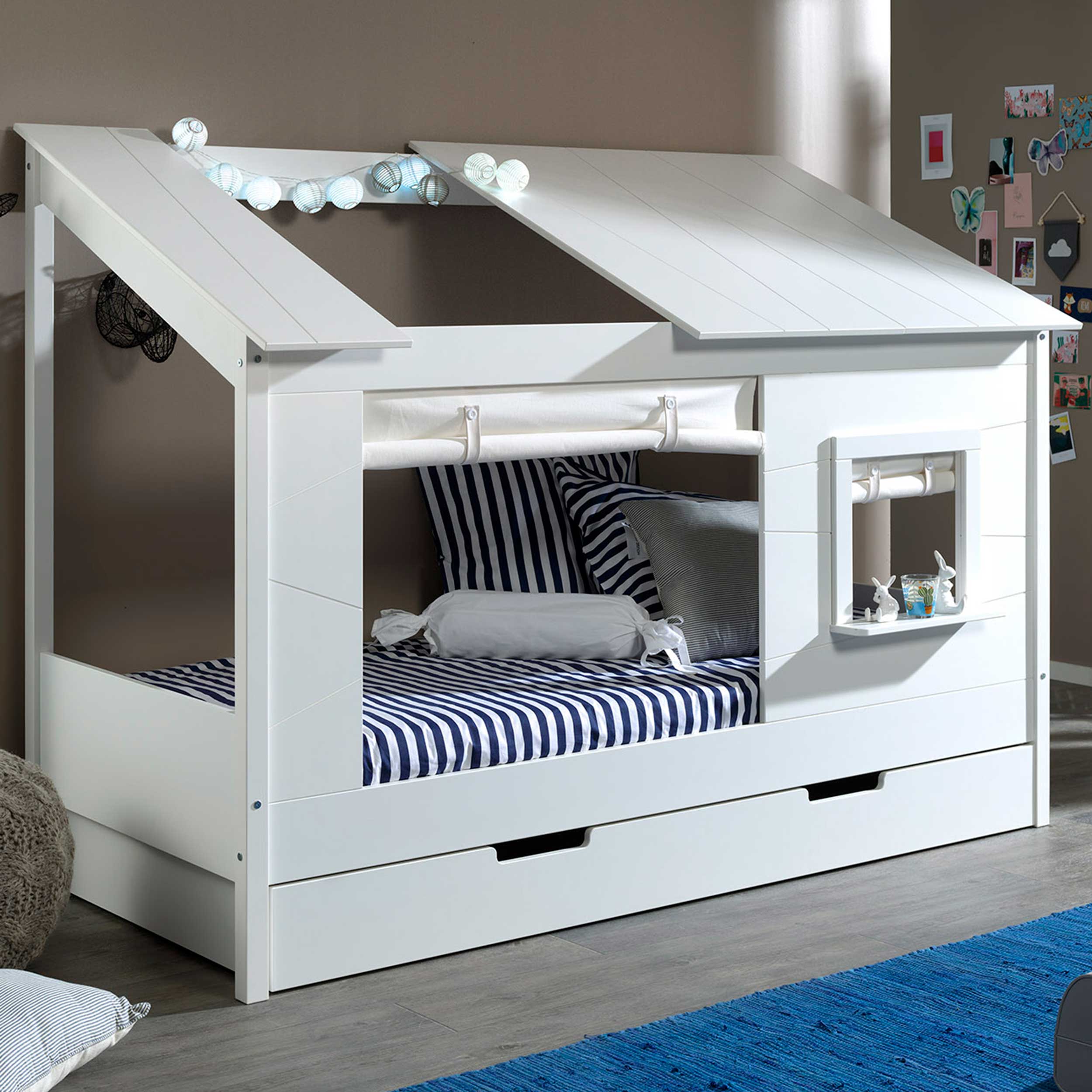 Lit cabane Lio 90x200 avec tiroir de lit et rideaux - blanc