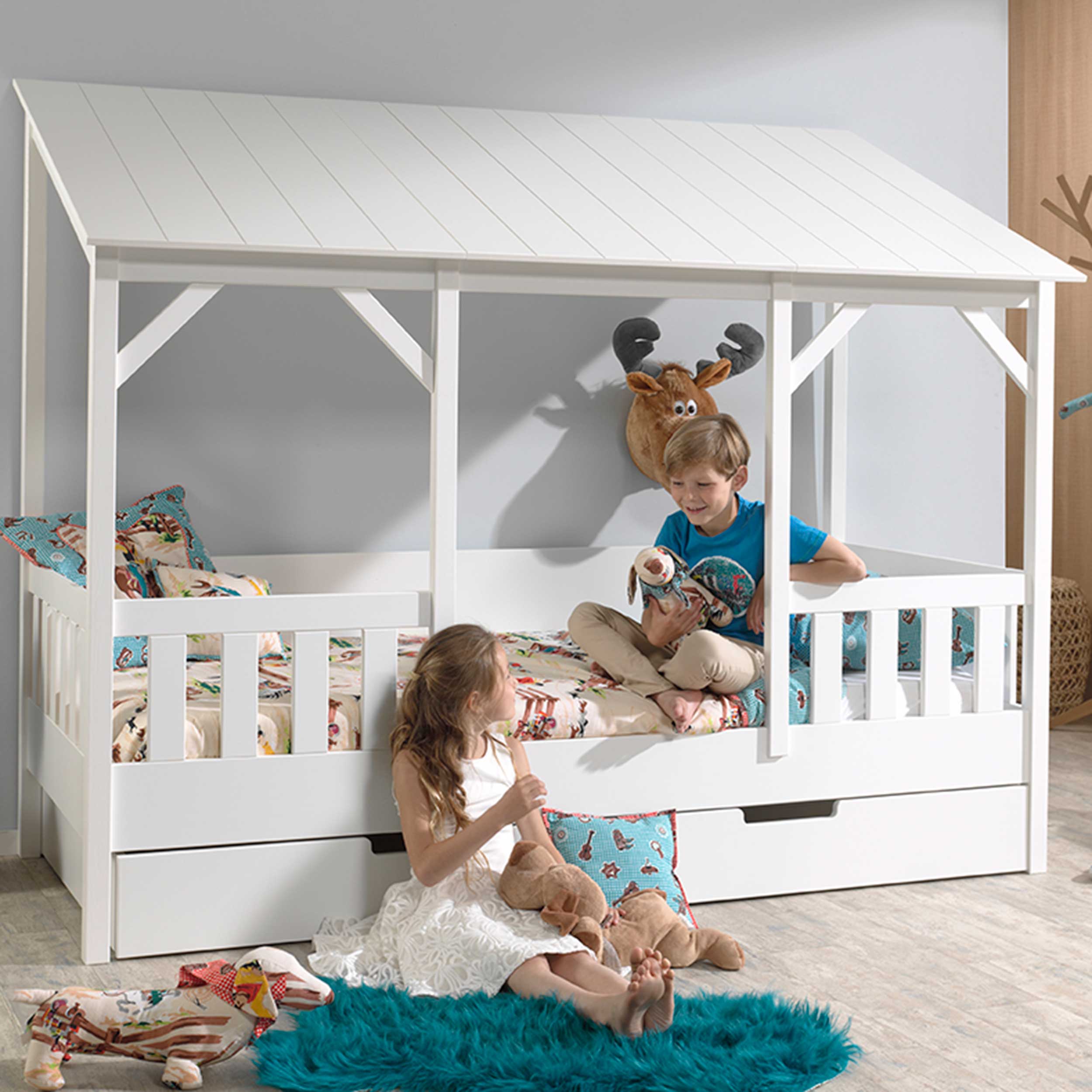 Lit cabane Malia 90x200 avec tiroir de lit - toit blanc