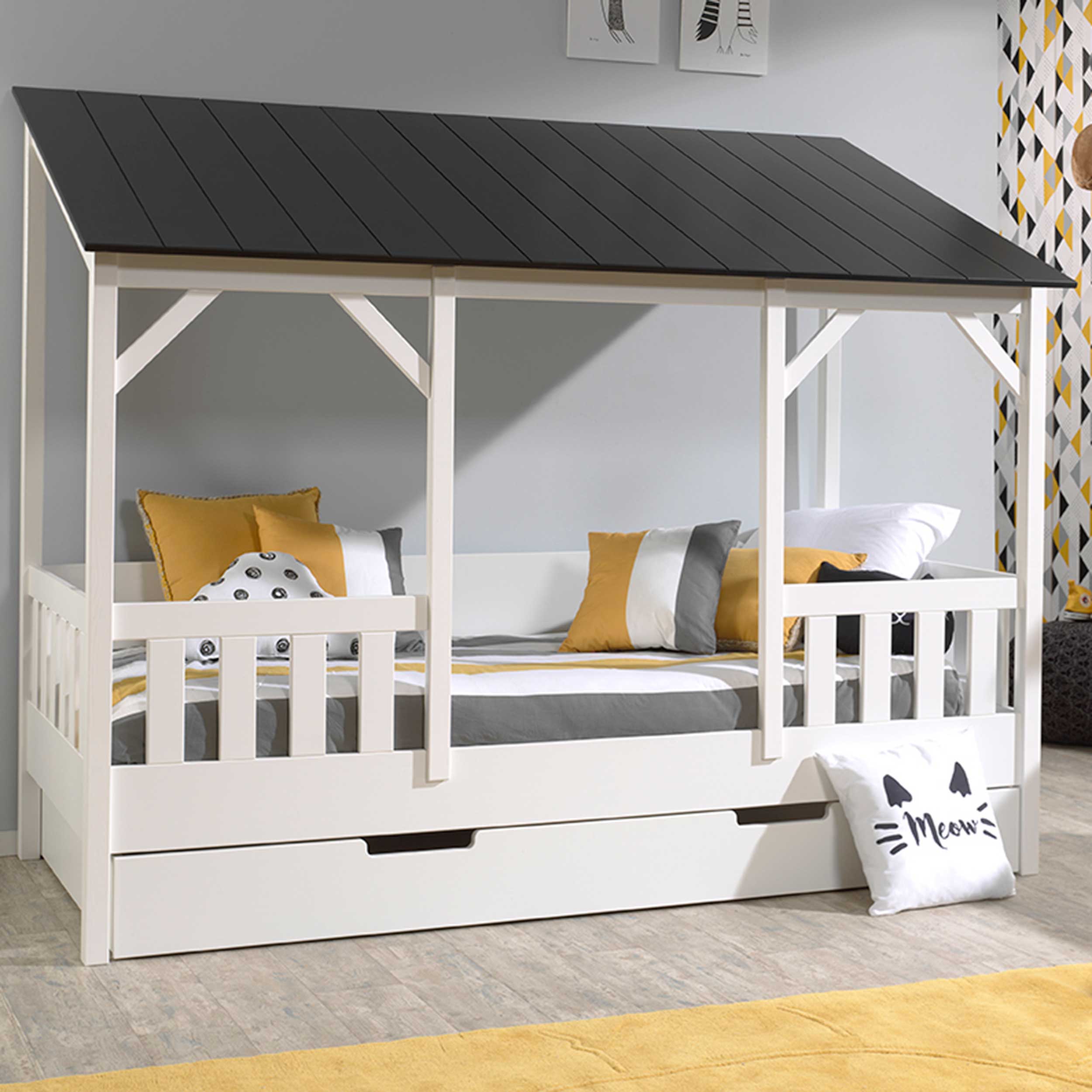 Lit cabane Malia 90x200 avec tiroir de lit - toit noir