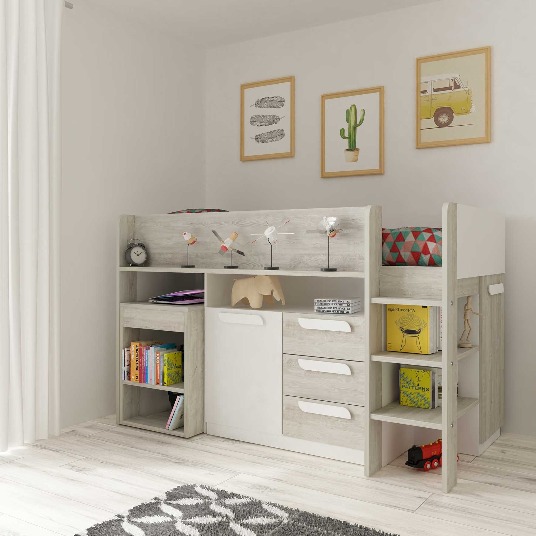 Lit combiné Beau 90x200  avec bureau - blanc