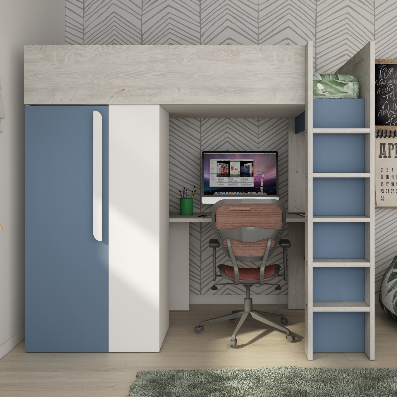 Lit combiné Beau 90x200 avec bureau et armoire - bleu foncé