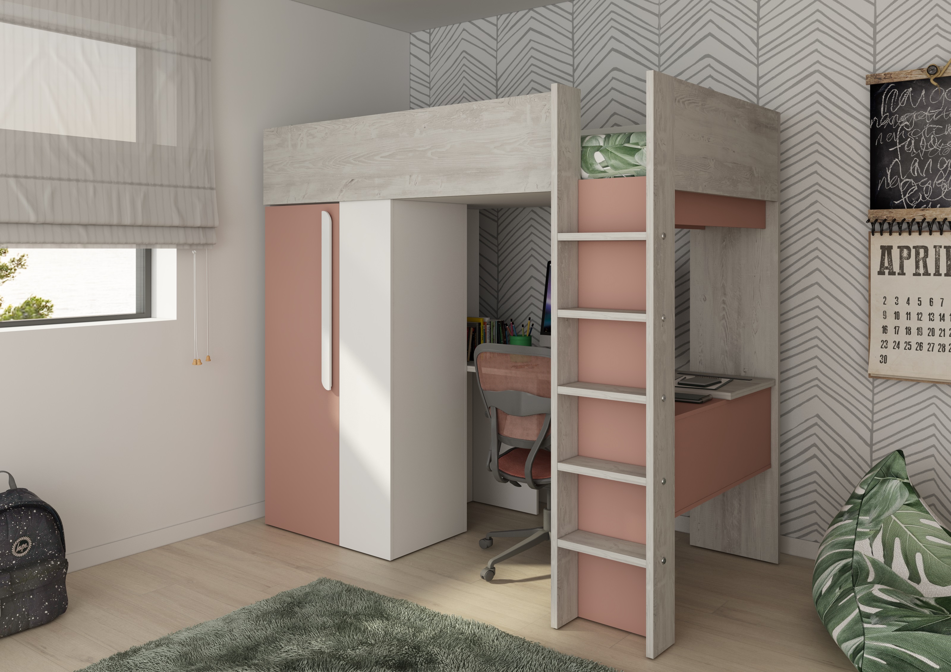 Lit combiné Beau 90x200 avec bureau et armoire - vieux rose - Image 4