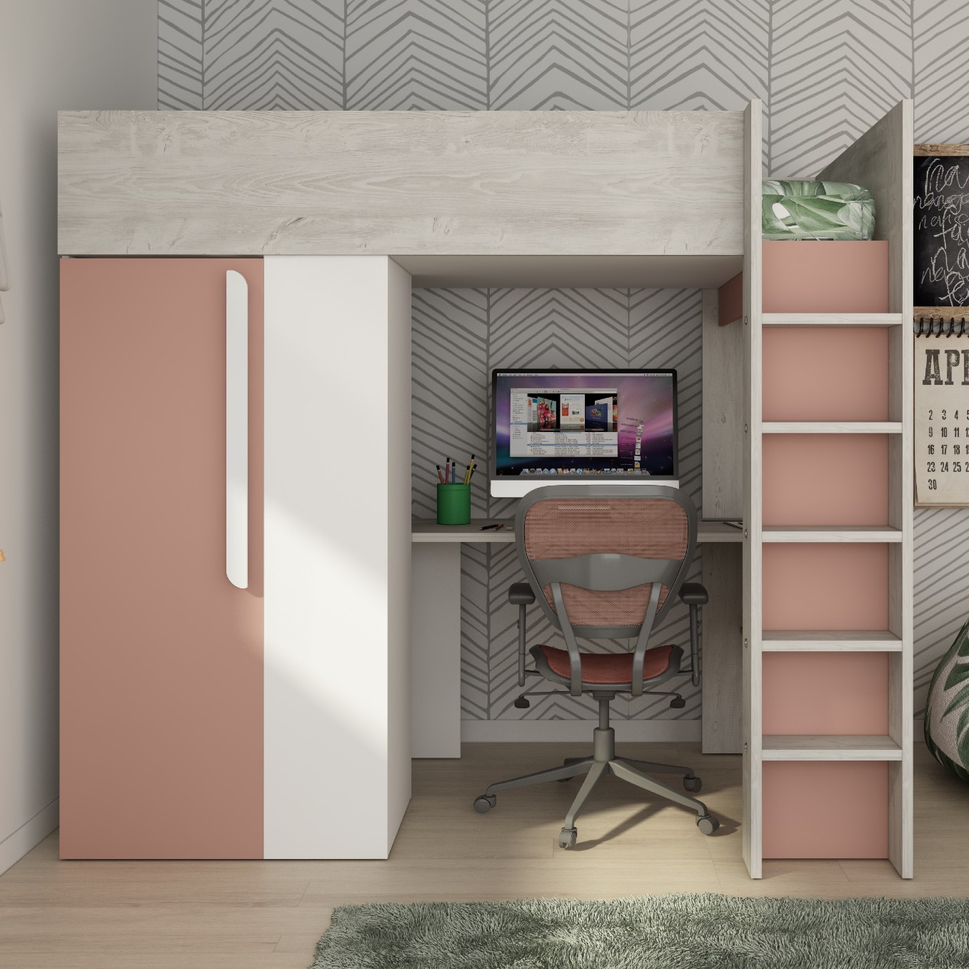 Lit combiné Beau 90x200 avec bureau et armoire - vieux rose