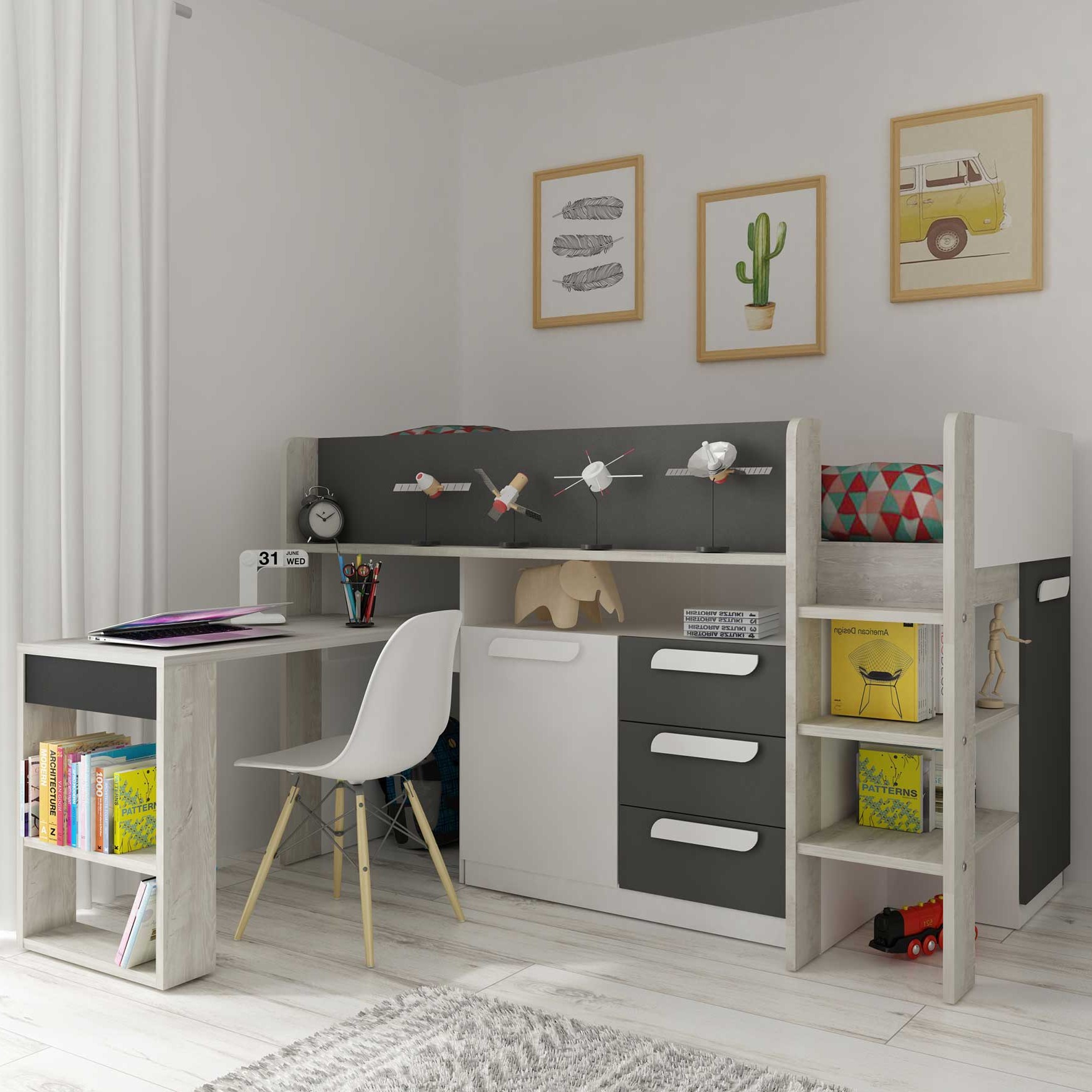Lit combiné Beau 90x200 avec bureau - gris ombre
