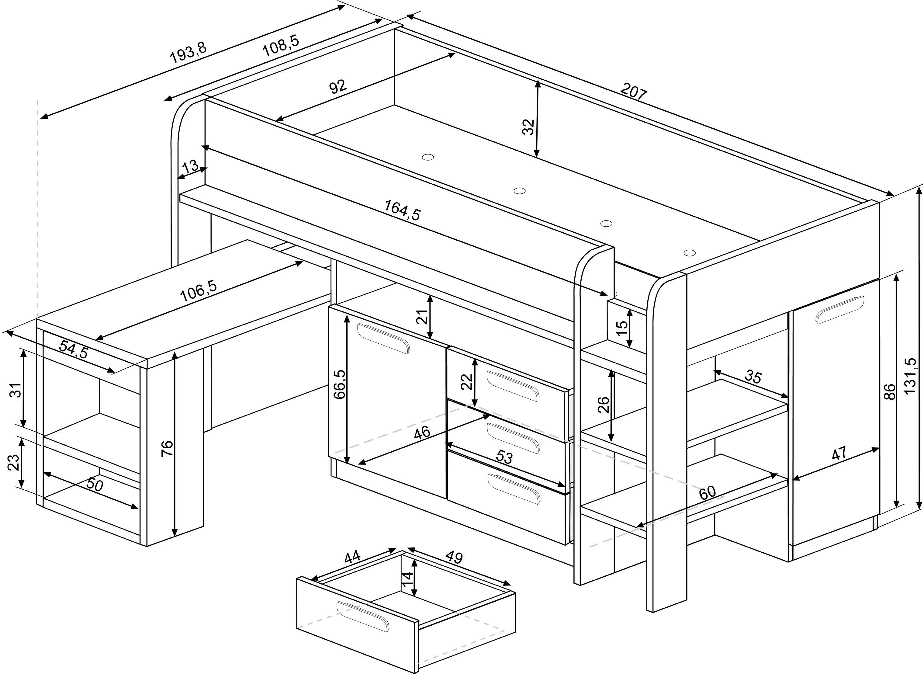 Lit combiné Beau 90x200 avec bureau - vieux rose - Image 2