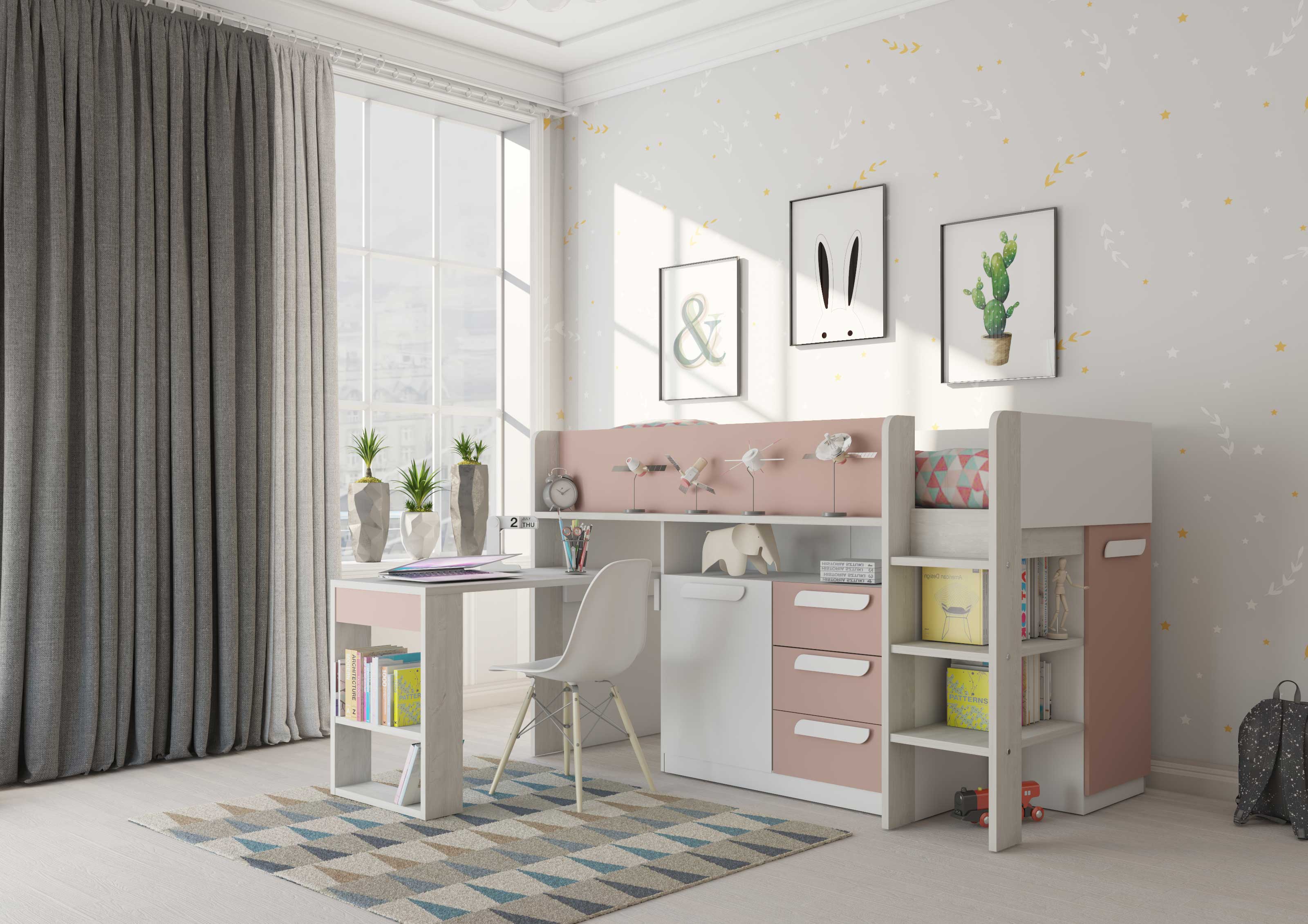 Lit combiné Beau 90x200 avec bureau - vieux rose - Image 7