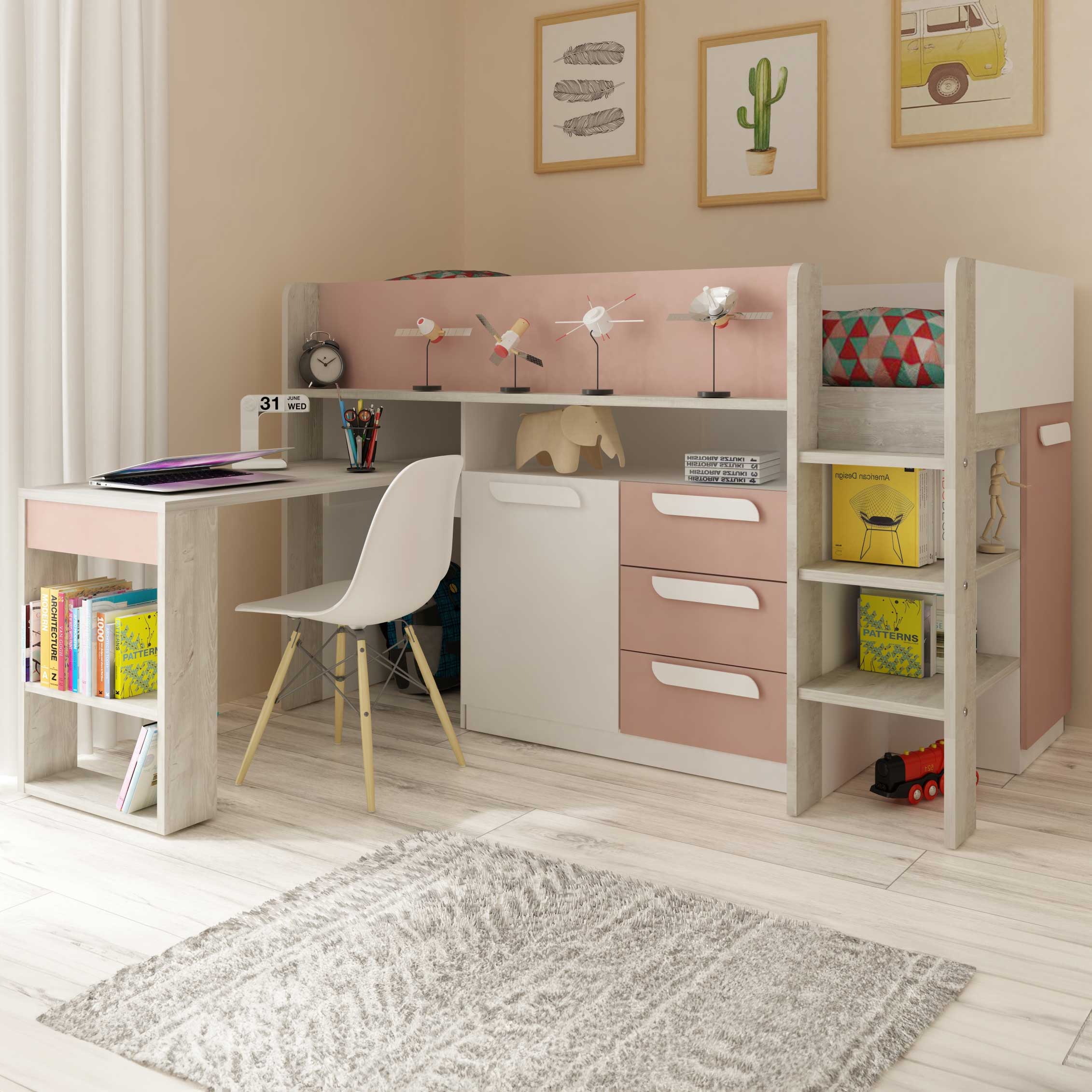 Lit combiné Beau 90x200 avec bureau - vieux rose