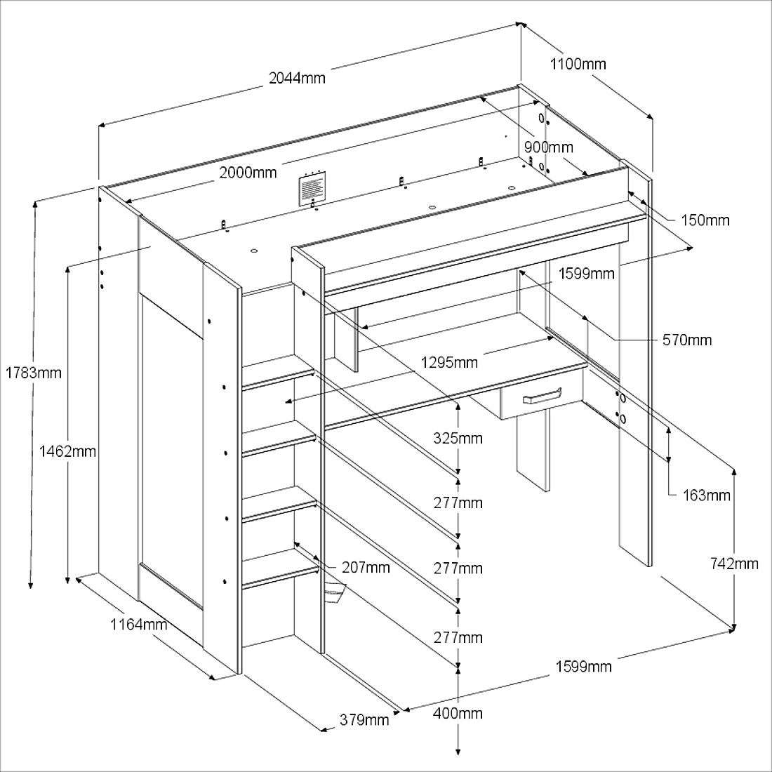 Lit combiné Hervé 90x200 - chêne artisan/gris - Image 2
