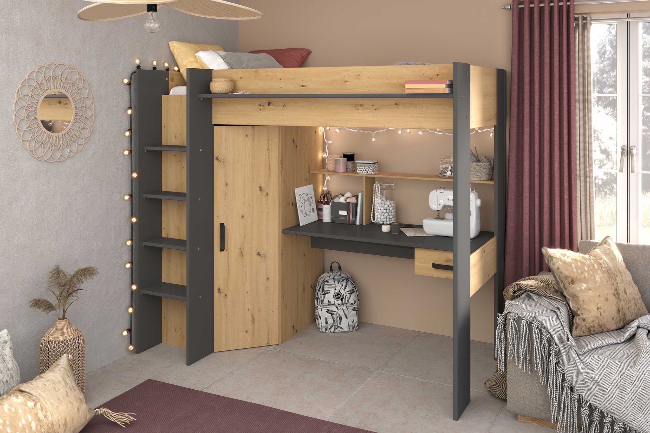 Lit combiné Hervé 90x200 - chêne artisan/gris - Image 12