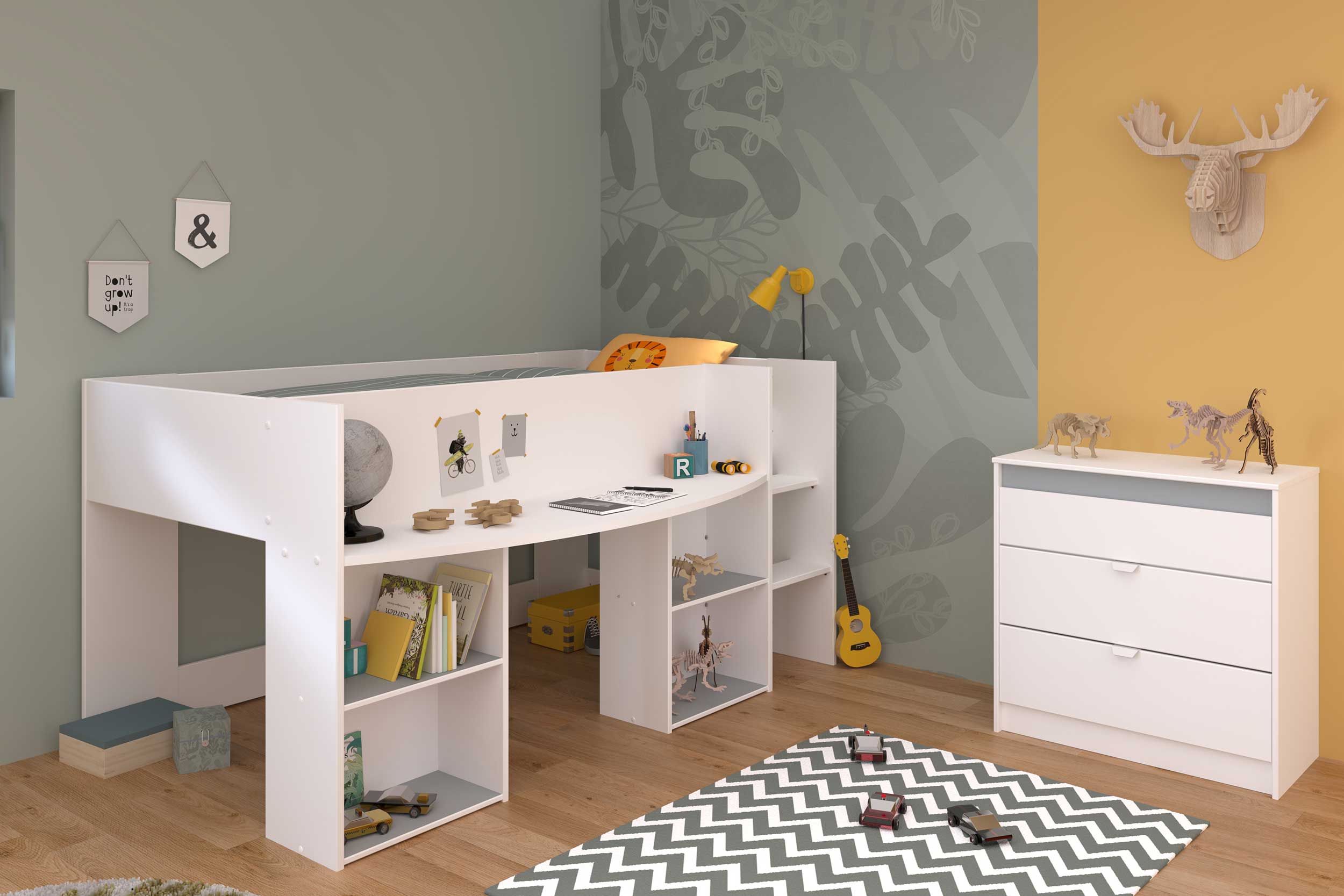 Lit combiné Rue 90x200 avec bureau - blanc/gris ou blanc/rose - Image 10