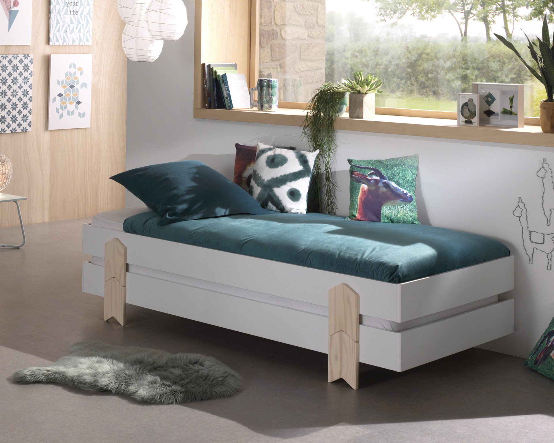 Lit d'enfants Modulo arrow 90x200 empilable ensemble de 4 - blanc/bois de pin - Image 8