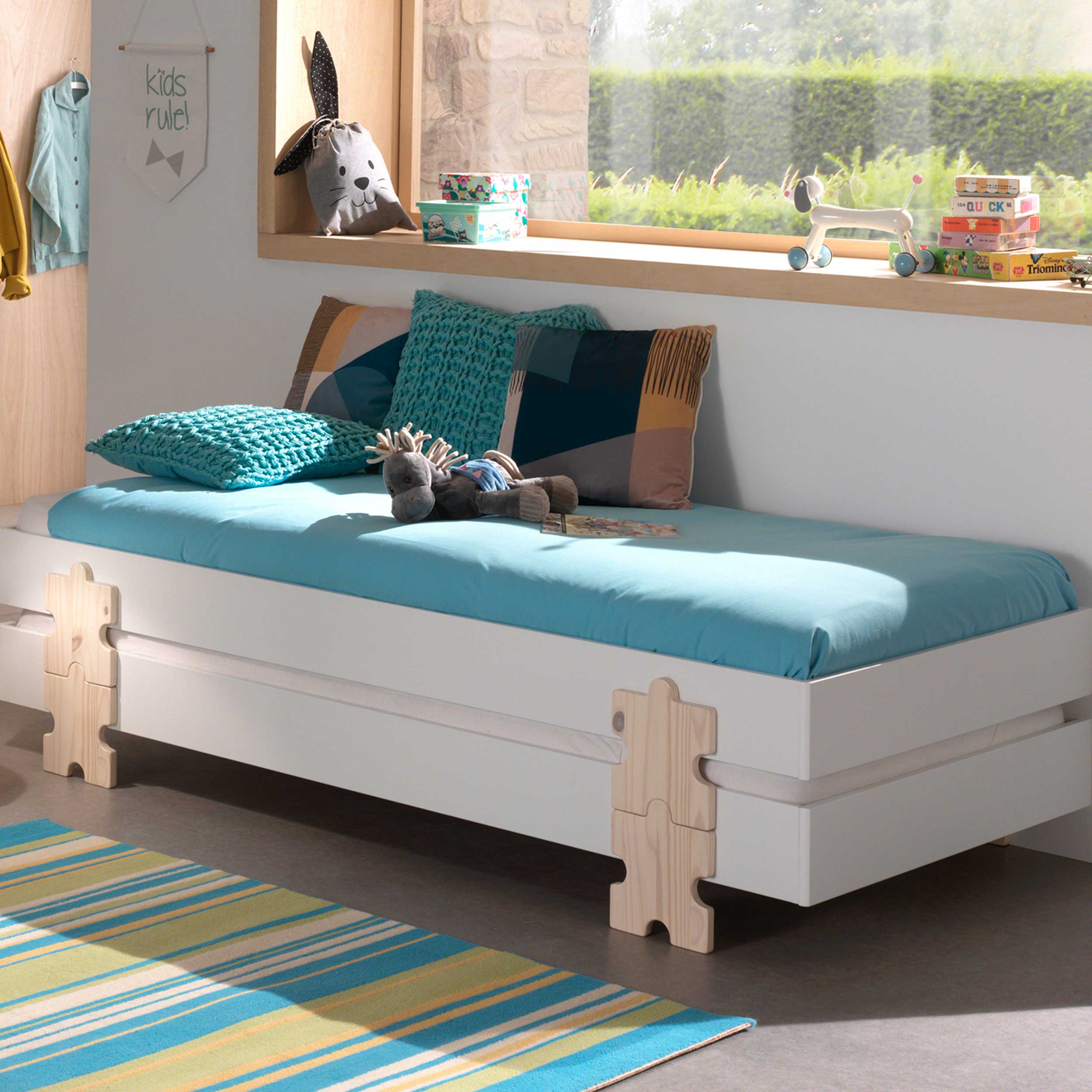 Lit d'enfants Modulo Puzzle 90x200 empilable ensemble de 2 - blanc/bois de pin - Image 1