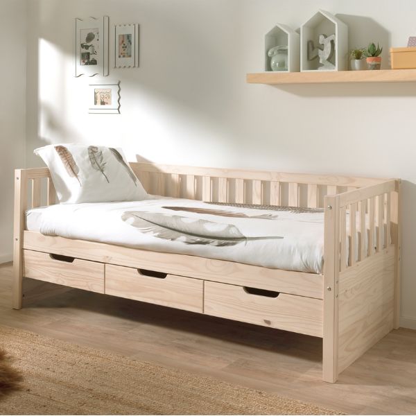 Lit de cabine Friedrich | 211,2 x 98,2 x 68 cm | 3 tiroirs | Bois de pin | Design Milky Pine - Image 1