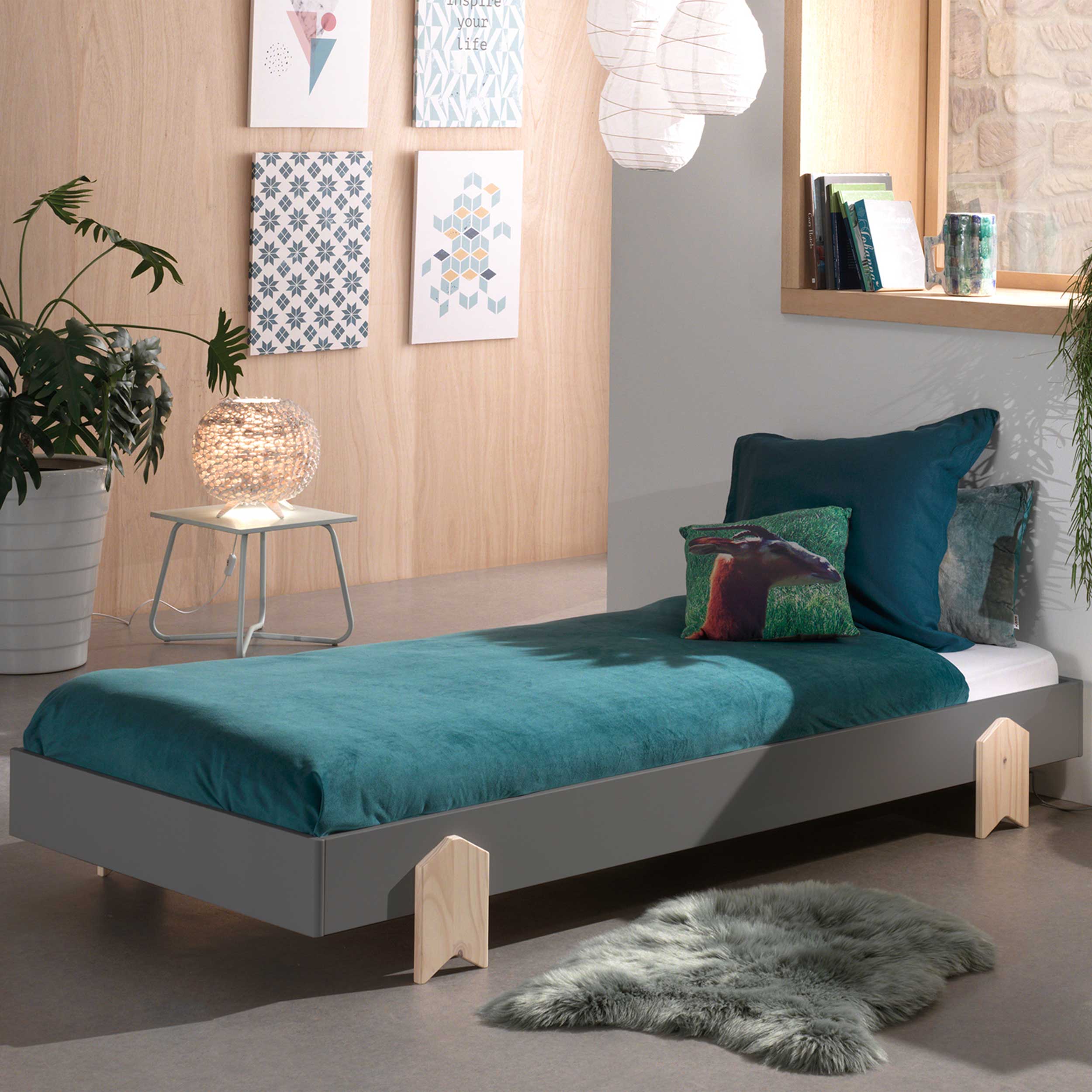 Lit d'enfant Modulo Arrow 90x200 empilable - anthracite/bois de pin