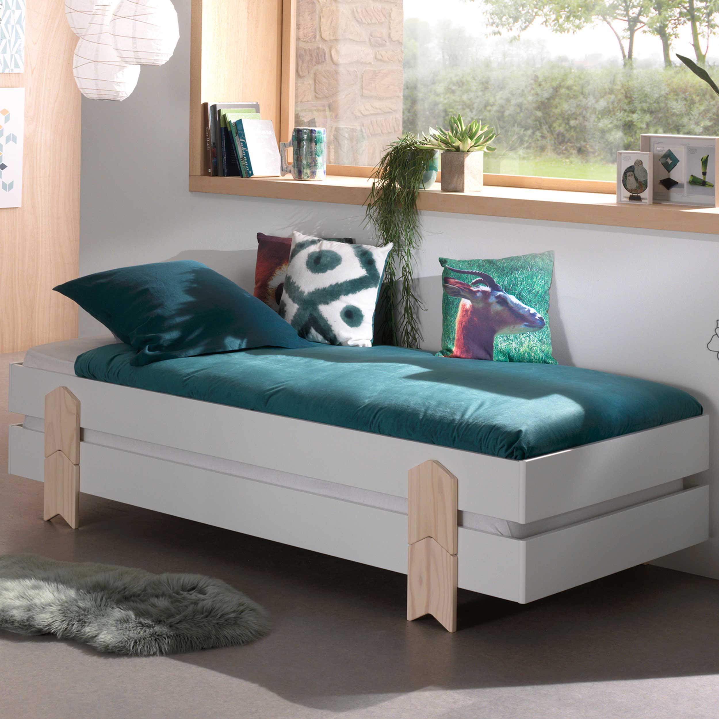 Lit d'enfants Modulo arrow 90x200 empilable ensemble de 2 - blanc/bois de pin