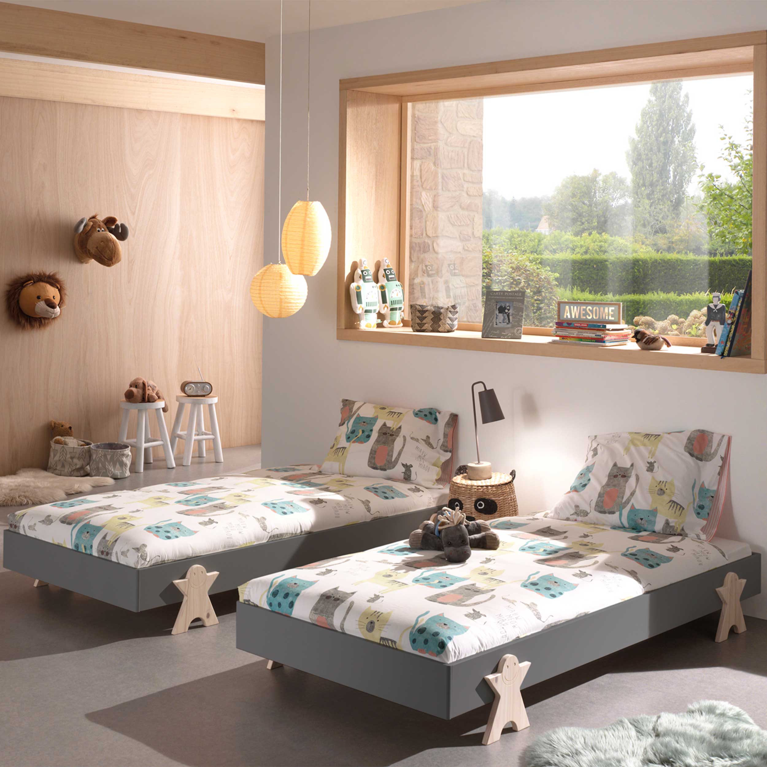 Lit d'enfants Modulo Smiley 90x200 empilable ensemble de 2 - anthracite/bois de pin